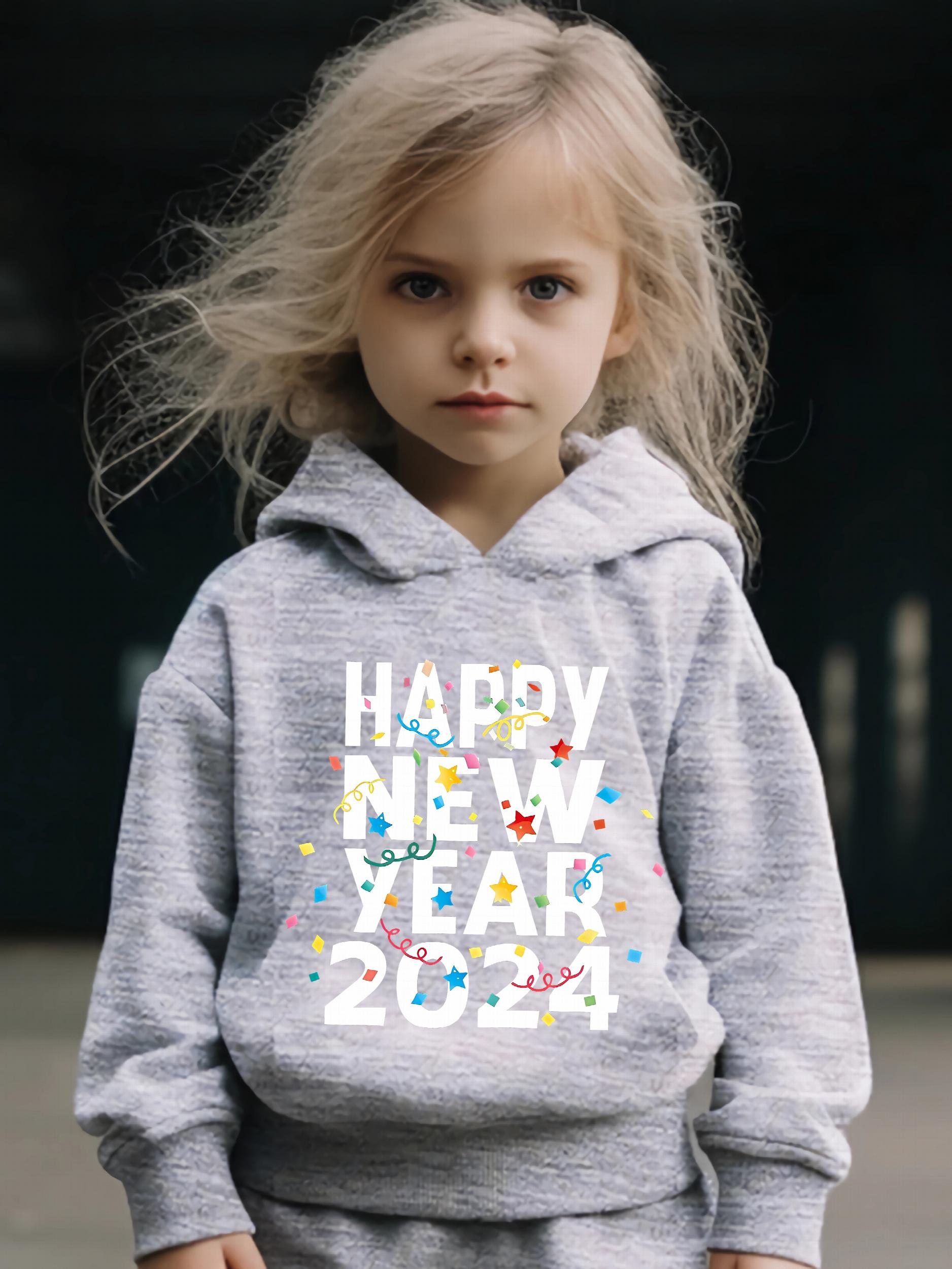 Girls 2pcs Happy Year Hooded Sweatshirt Solid Sweatpants Set