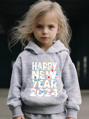 Girls 2pcs Happy Year Hooded Sweatshirt Solid Sweatpants Set