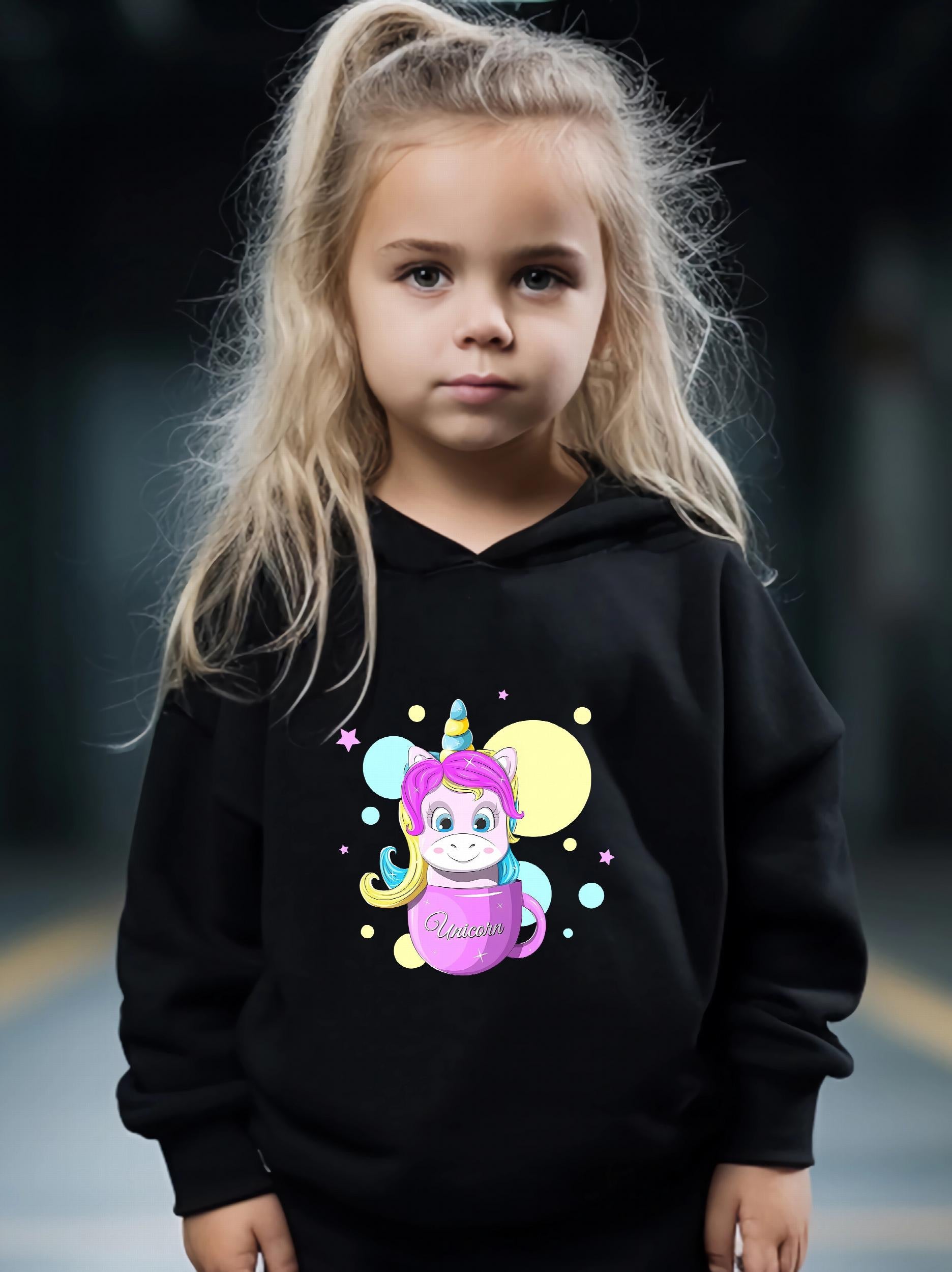 Girls Unicorn Pattern Hoodie Sweatshirt & Solid Sweatpants Set