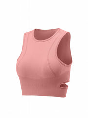 Solid Ribbed Cut Out Round Neck Yoga Workout Bra With Removable Pads