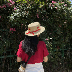 Heart Ribbon Decor Hat Flat Top Jazz Straw Hat UV Protection Summer Travel Beach