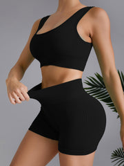 Solid Ribbed Activewear Set for Enhanced Workout Performance