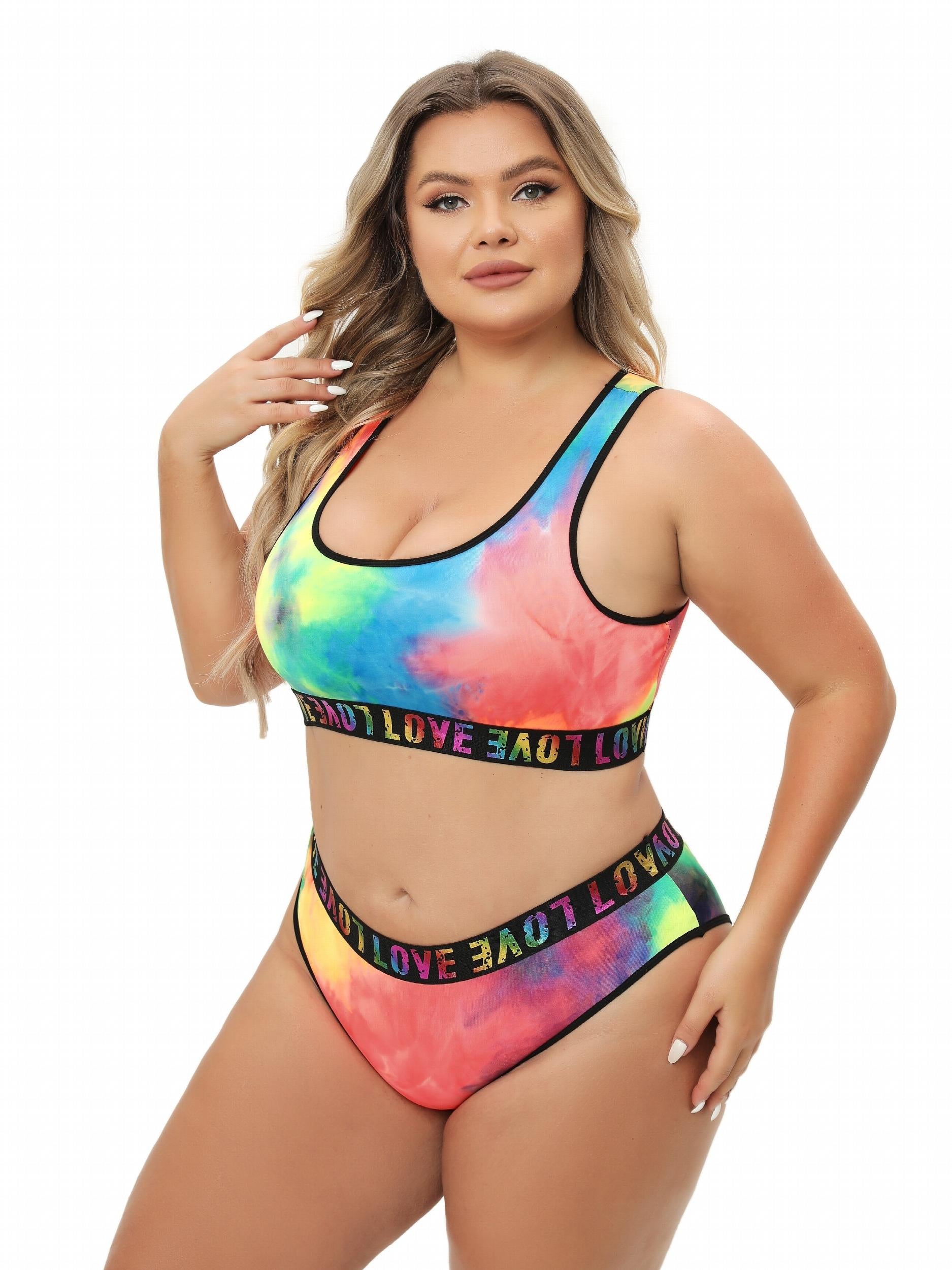 Tie Dye Letter Tape Tank Bra & Underwear Set