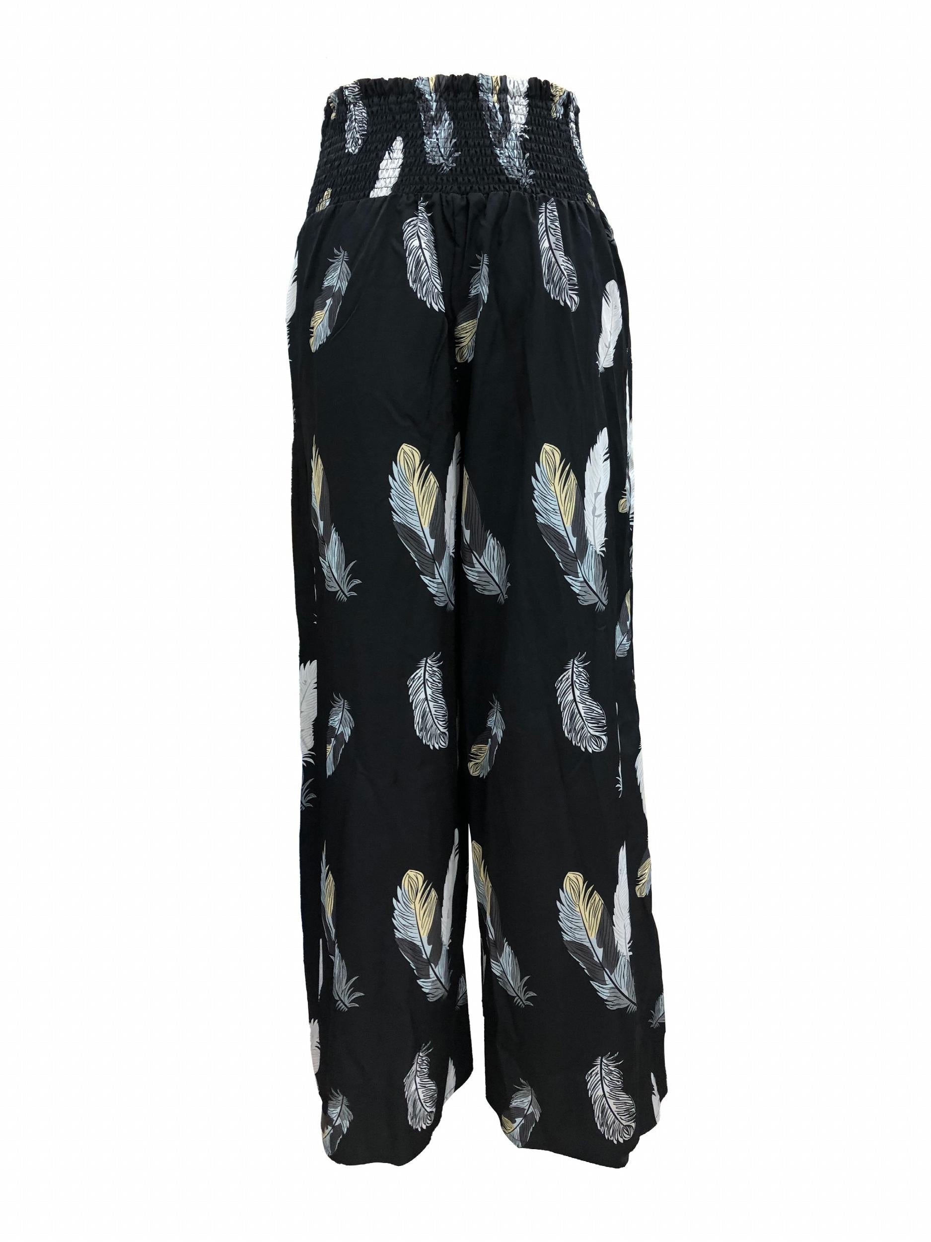 Feather Print Shirred Waist Pants Wide Leg Summer Pants
