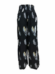 Feather Print Shirred Waist Pants Wide Leg Summer Pants