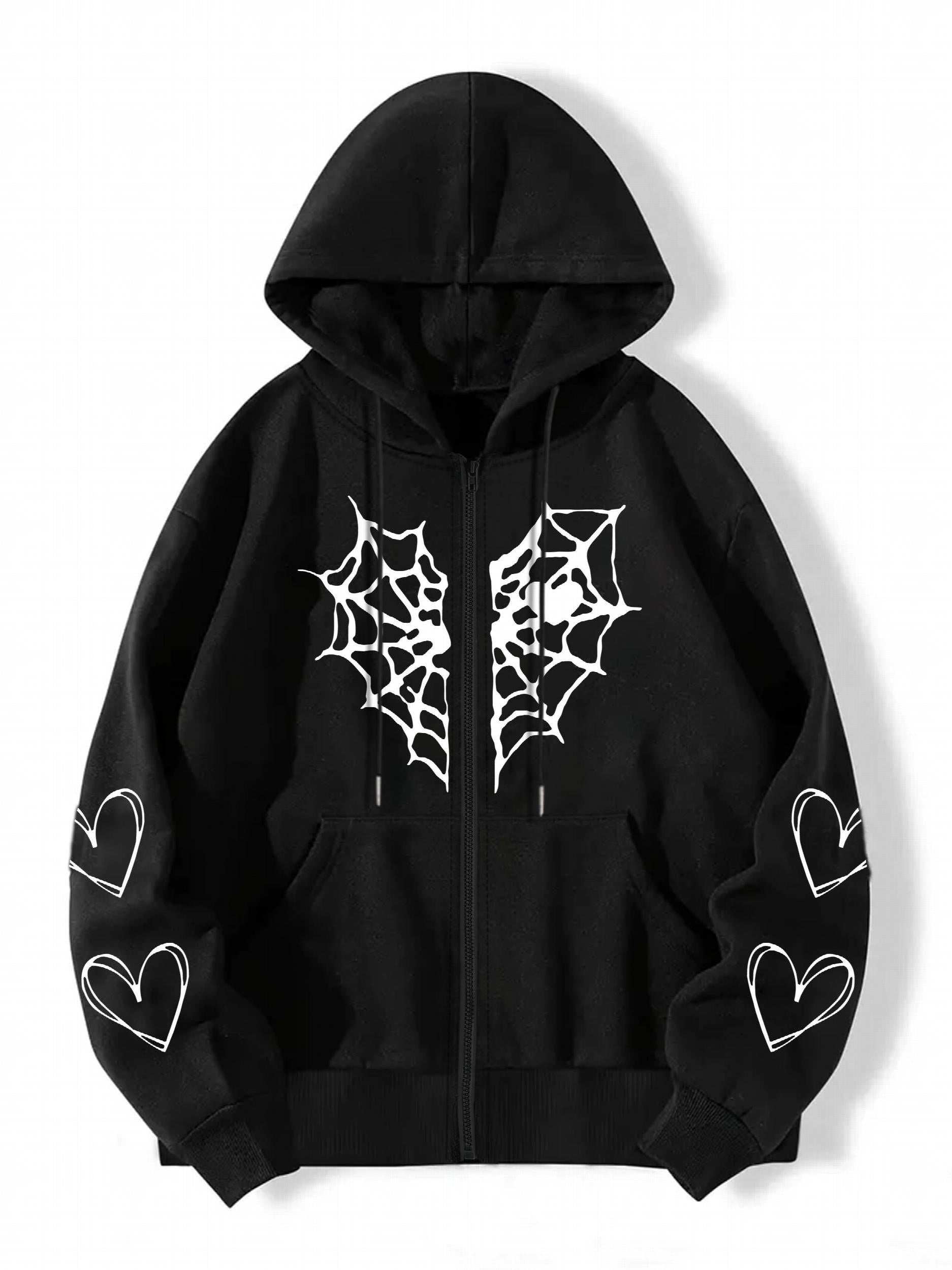 Gothic Heart Print Zip Up Hoodie Casual Long Sleeve Hoodies