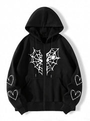 Gothic Heart Print Zip Up Hoodie Casual Long Sleeve Hoodies
