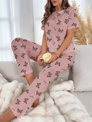 Butterfly Print Pajama Set Short Sleeve Crew Neck Top & Elastic Waistband Pants