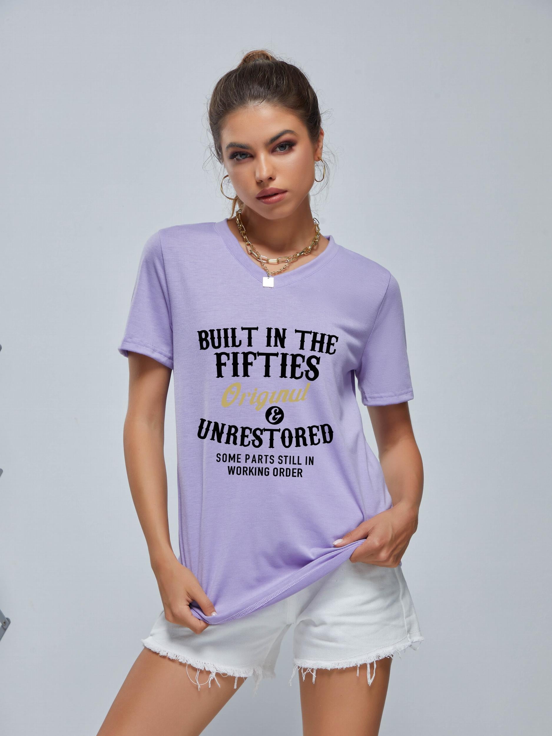 Fifties Print V Neck T-Shirt Sports Fitness Top