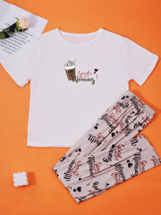 Letter Print Pajama Set Short Sleeve Crew Neck Top & Lounge Pants