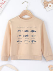 Fish Print Boys Casual Pullover Sweatshirt Long Sleeve Crew Neck Tops