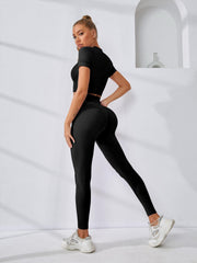 2pcs Solid Workout Sets Short Sleeve Crop Top & High Rise Leggings Activewear