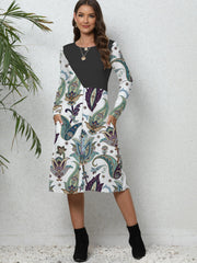 Women's Plus Colorblock Floral Print Long Sleeve Round Neck Dress With Pockets