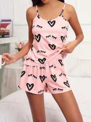 Heart Print Pajama Set Cami Top & Shorts Women's Sleepwear