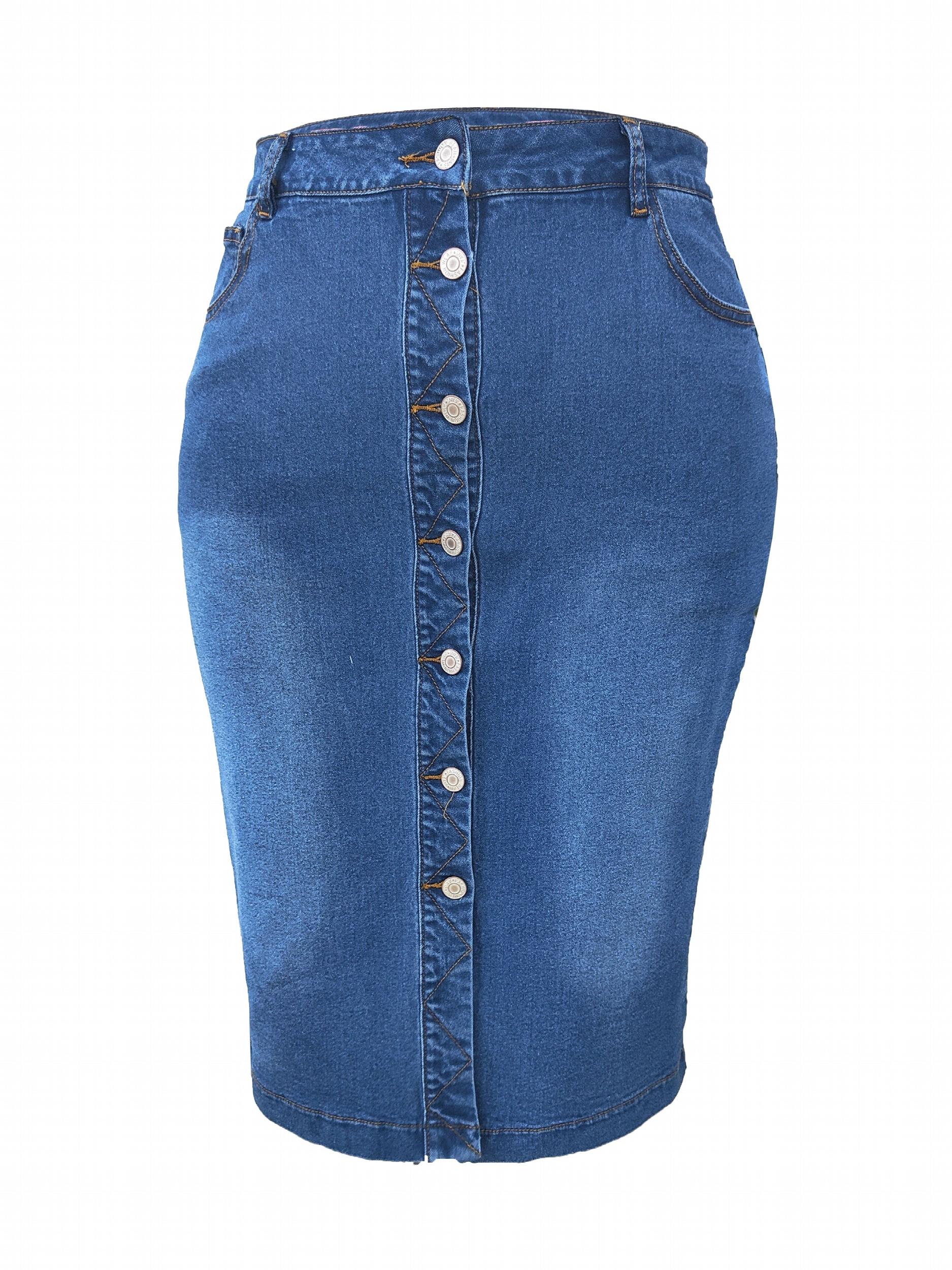 Plus Size Washed Button Up Medium Stretch Slim Fit Denim Skirt