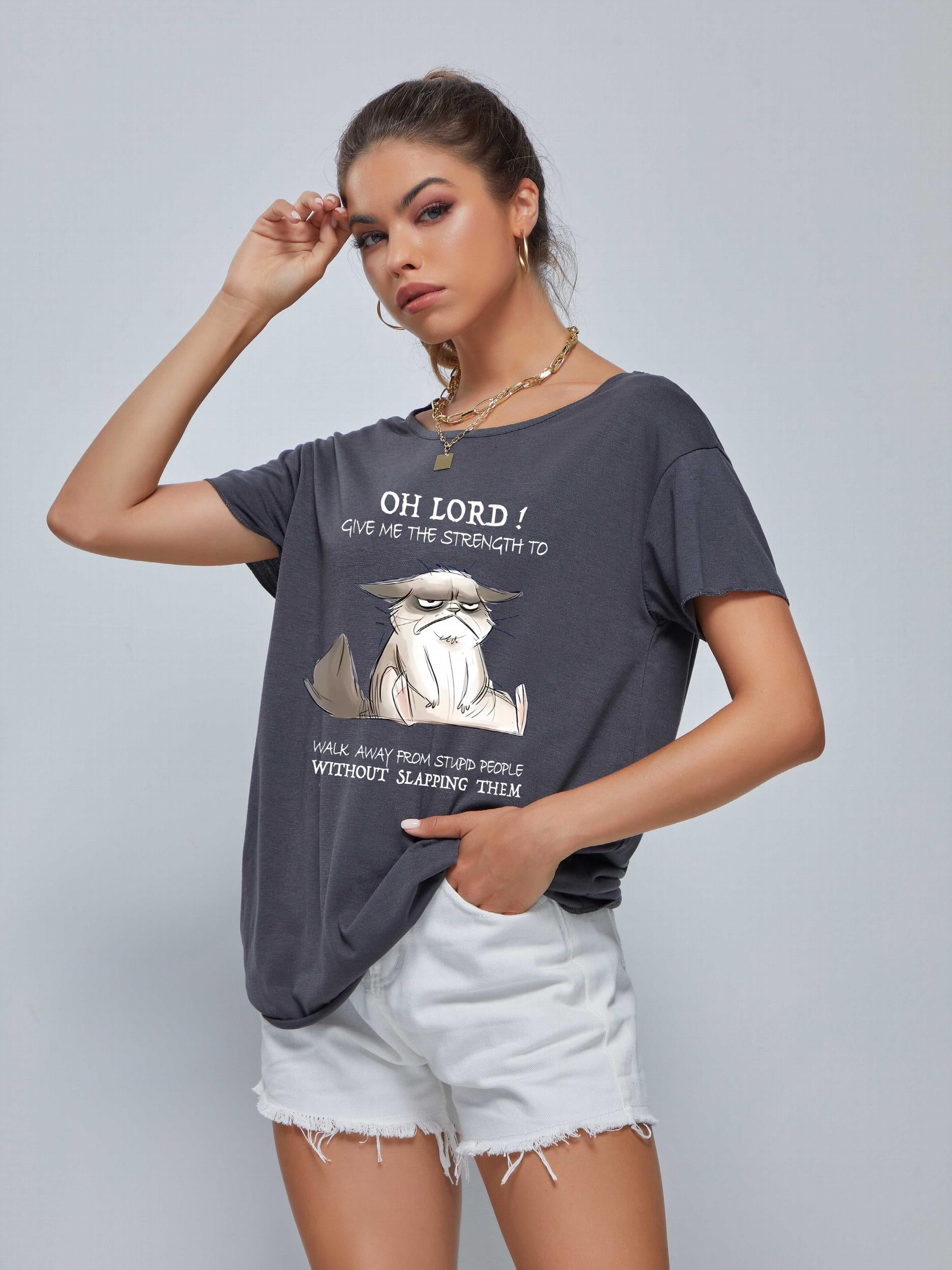 Cat Graphic Crew Neck Short Sleeve T-shirts Casual Sports Top