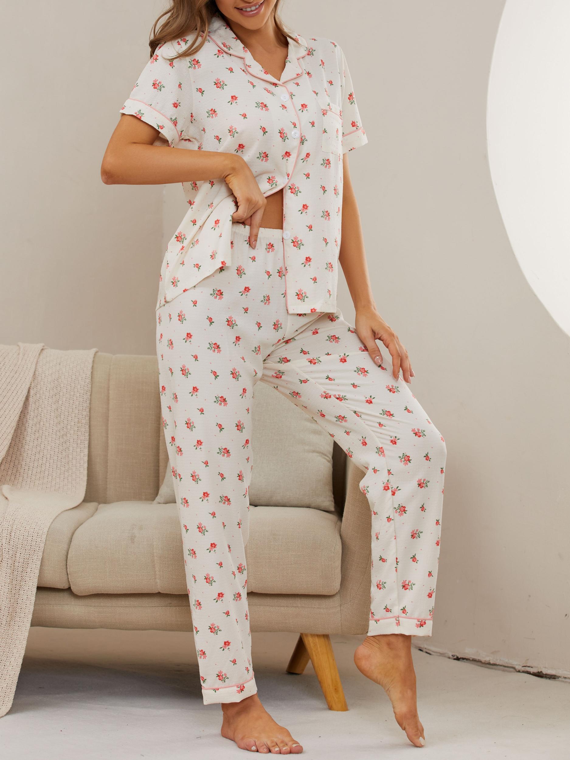 Floral Print Pajama Set Short Sleeve Top & Pants