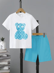 Boys Plaid Bear Graphic Casual Outfit T shirt & Shorts Summer Clothes Sets
