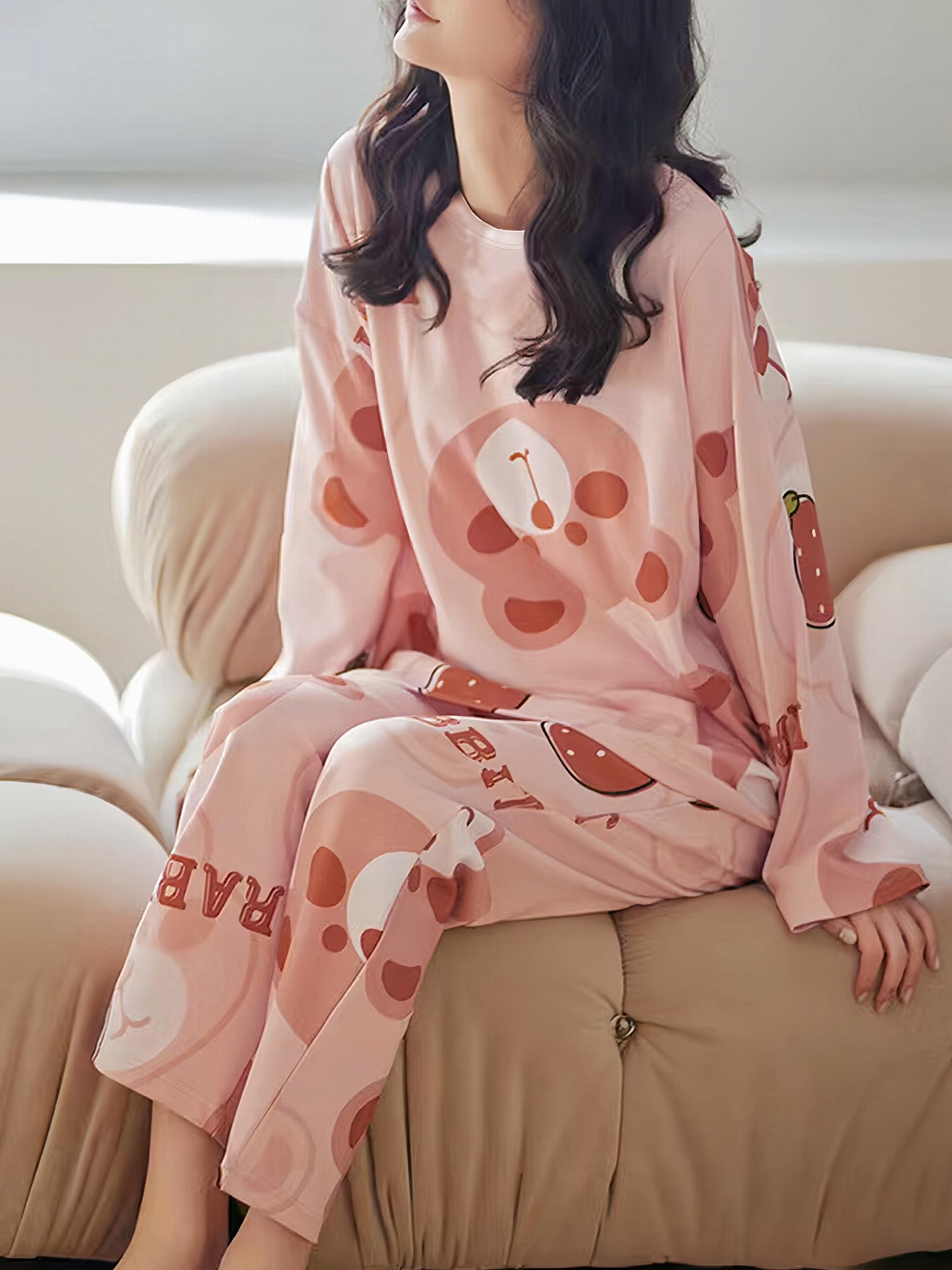 Bear Print Pajama Set Long Sleeve Top & Pants Women's Sleepwear
