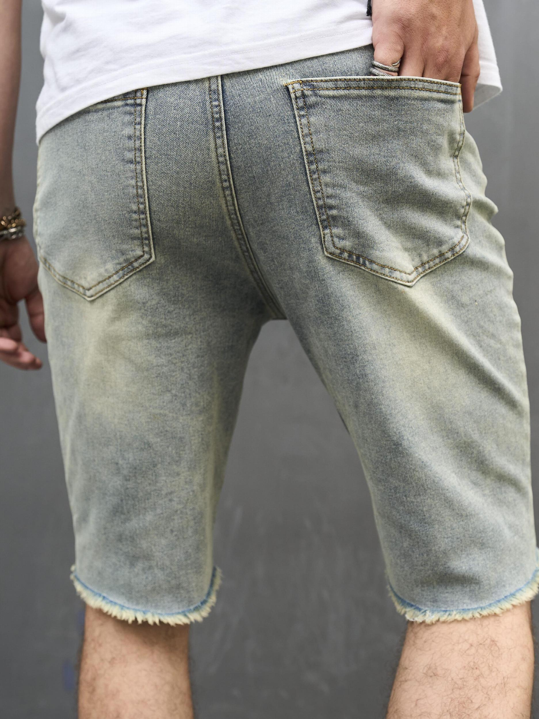 Vintage Ripped Denim Shorts Men's Casual Street Style Mid Stretch Denim Shorts