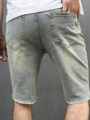 Vintage Ripped Denim Shorts Men's Casual Street Style Mid Stretch Denim Shorts