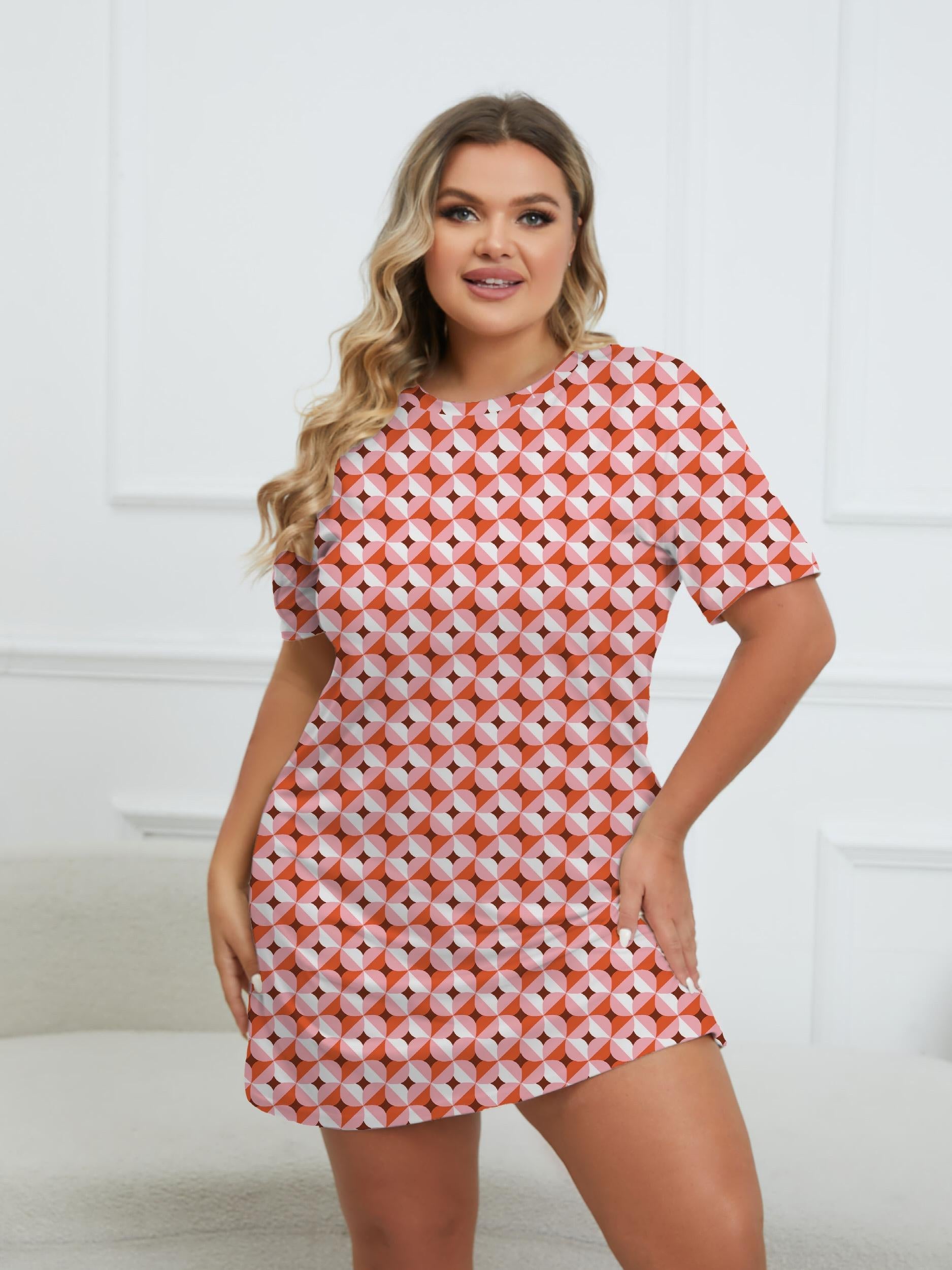 Geometric Print Round Neck Short Sleeve Dress