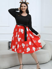 Christmas Dress Women's Plus Santa Claus & Snowflake Tie Front L