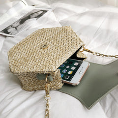 Hexagon Straw+Leather Handbag Women Rattan Beach Bohemia Bag