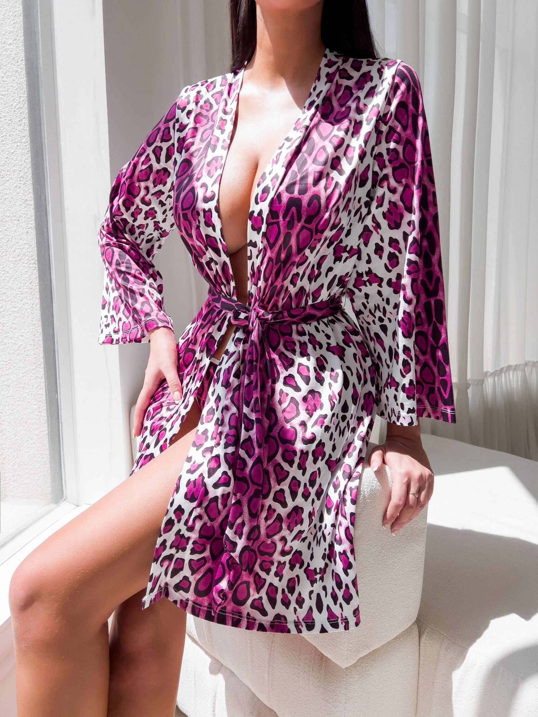 Leopard Print Night Robe Long Sleeve V Neck Robe With Belt Women's Sleepwear
