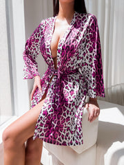 Leopard Print Night Robe Long Sleeve V Neck Robe With Belt Women's Sleepwear