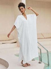 Solid Bat Sleeve V Neck Beach Cover Up Dress