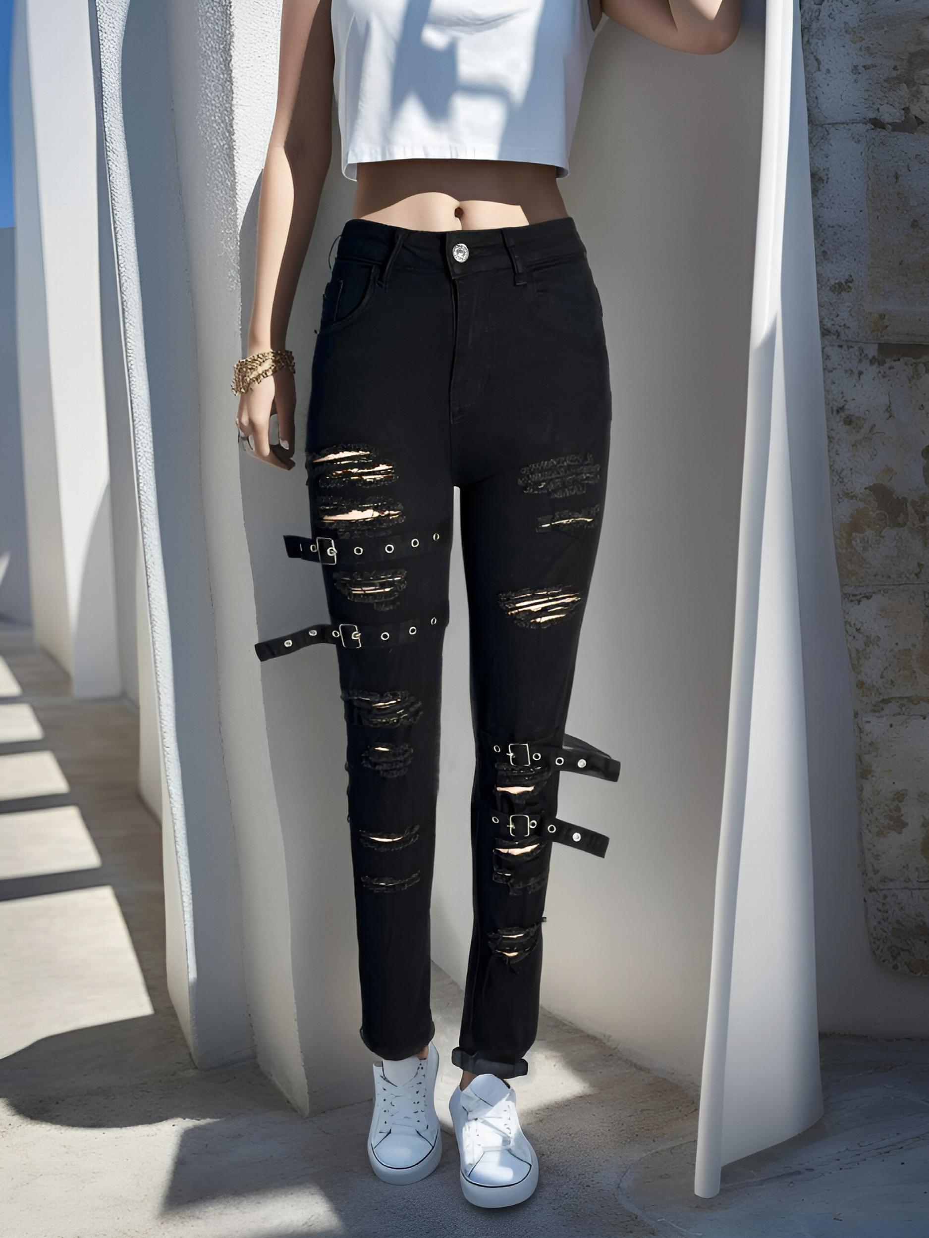 Ripped Skinny Jeans with Grommet Buckle Detail