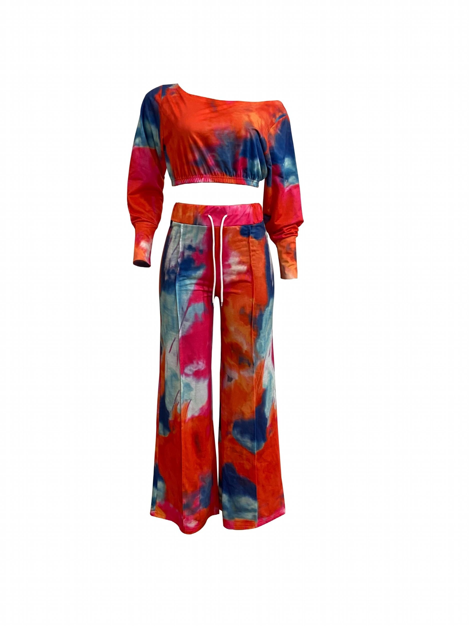 Tie Dye Two piece Set Long Sleeve Crop Top & Wide Leg Pants Outfit