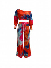 Tie Dye Two piece Set Long Sleeve Crop Top & Wide Leg Pants Outfit