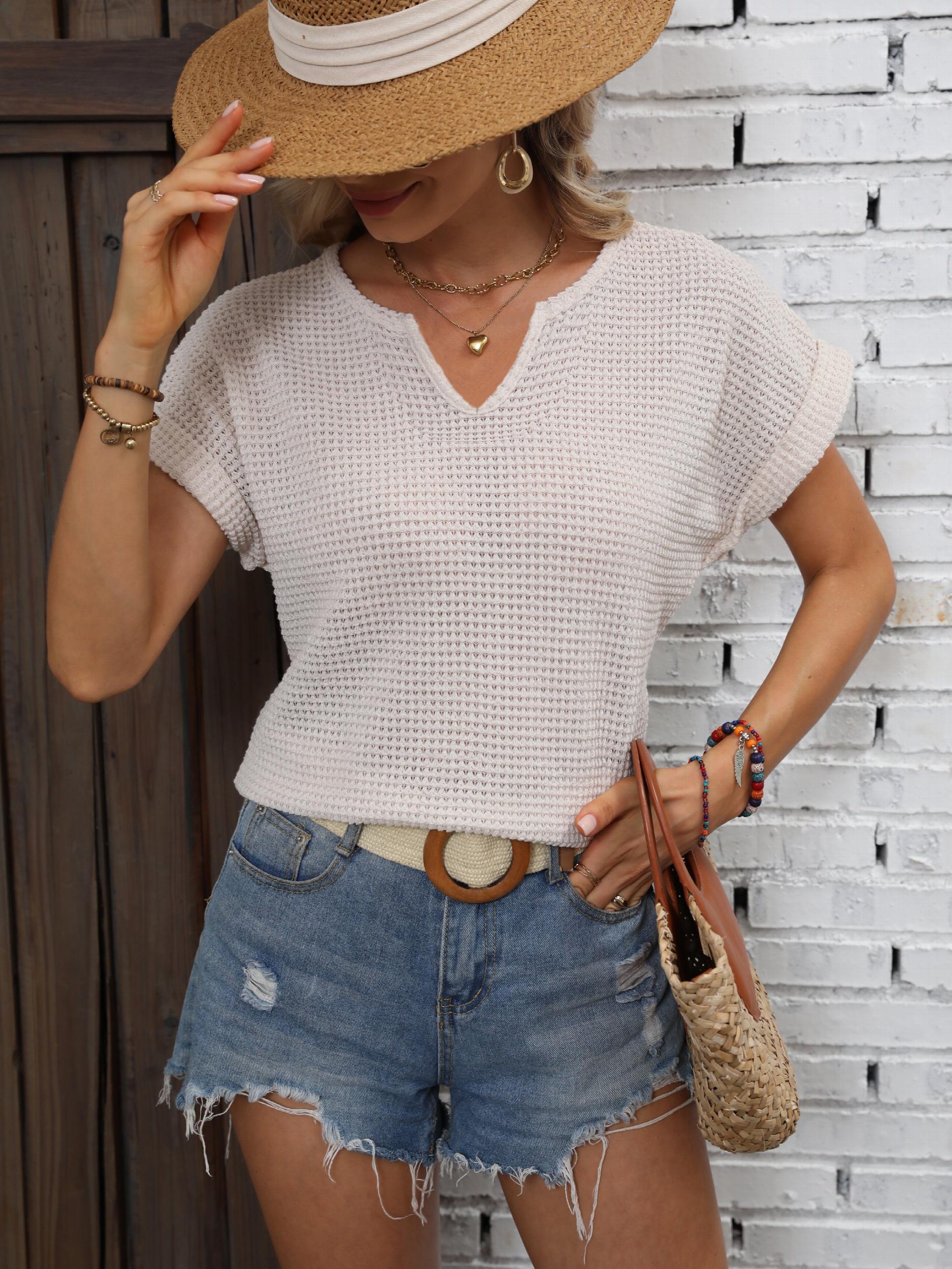 Waffle Knit V Neck Blouse Casual Short Sleeve Blouse