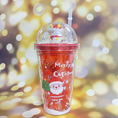 460ml Christmas Series Double Layer Water Cup With Straw And Lid