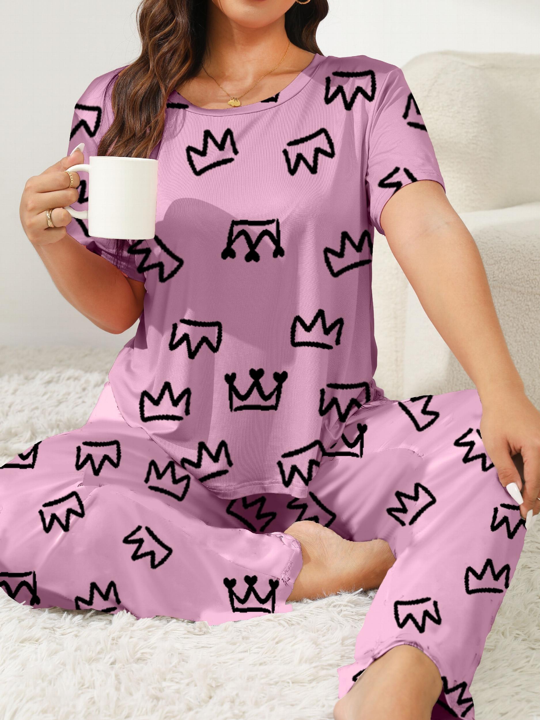 Crown Print Lounge Set Short Sleeve Tee & Pants Two Piece Set