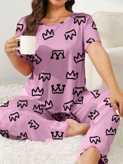 Crown Print Lounge Set Short Sleeve Tee & Pants Two Piece Set