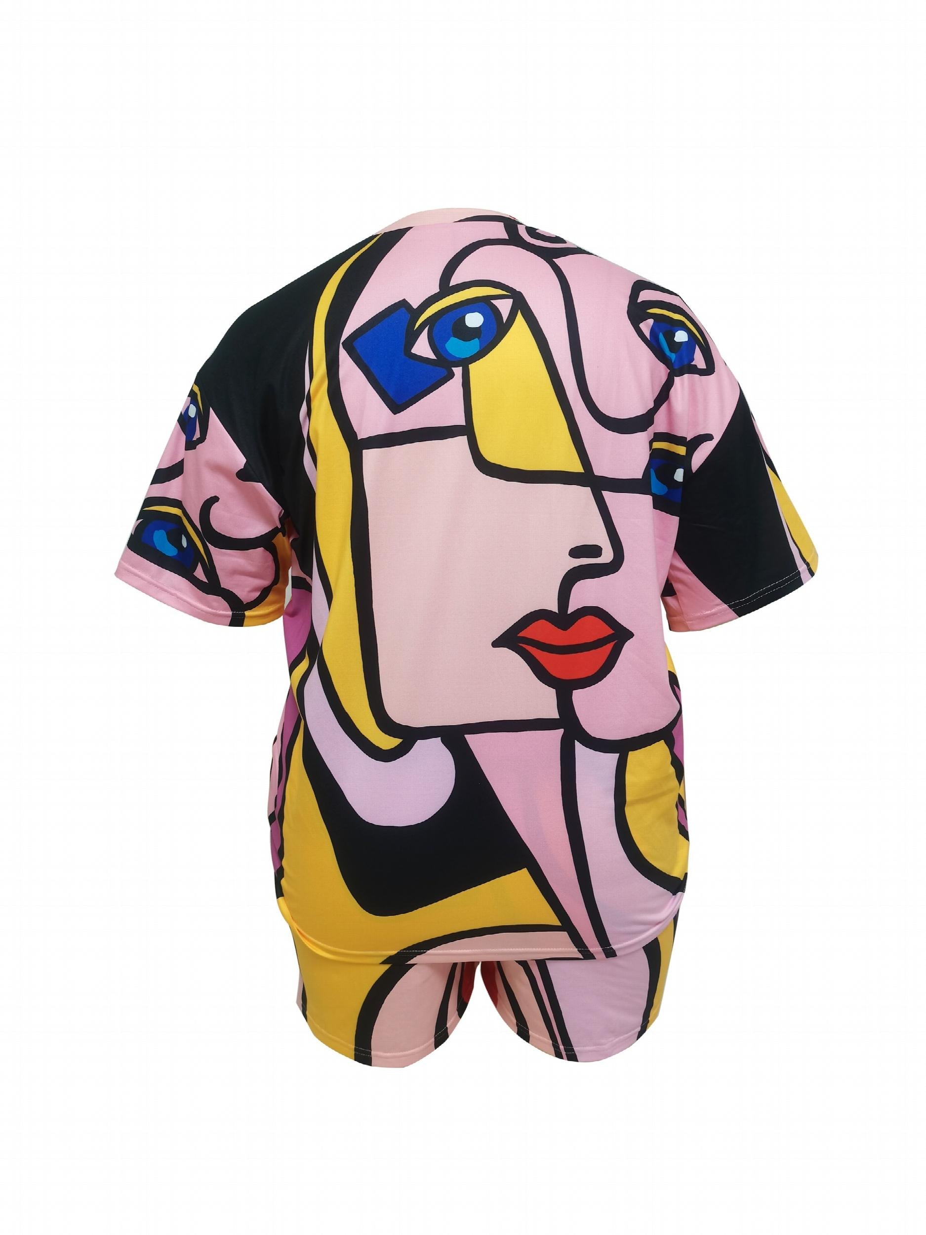Abstract Figure Print Tee & Drawstring Shorts Set