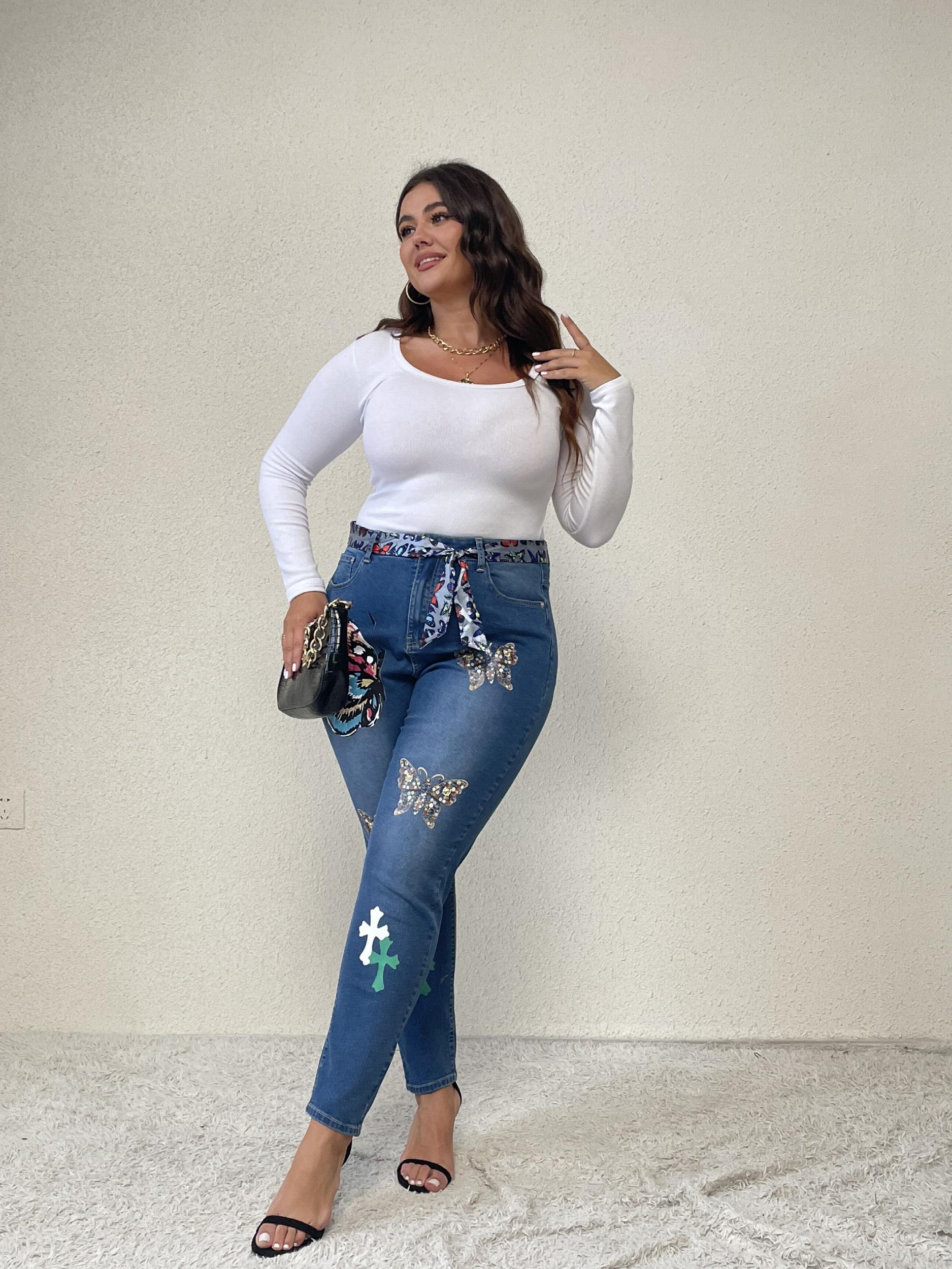 Y2K Jeans Women's Plus Butterfly Print Washed Skinny Jeans