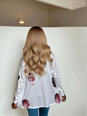 Women's Plus Feather Print Long Sleeve Open Front Cardigan