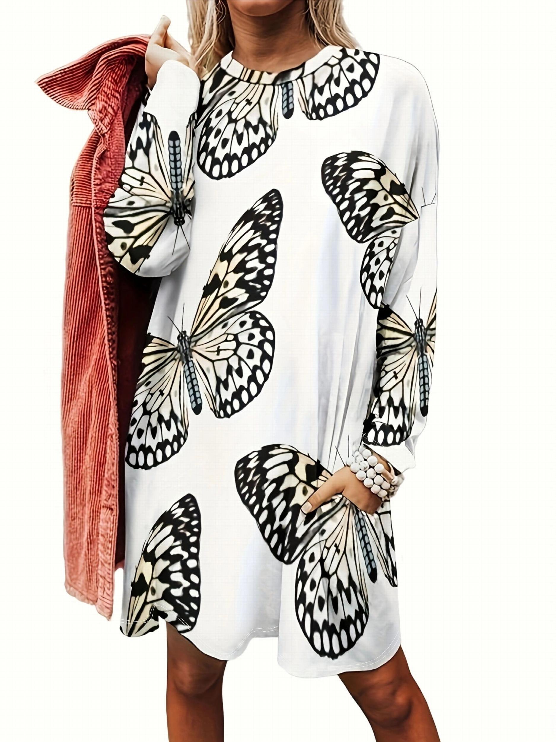 Butterfly Print Long Sleeve Sleep Dress With Pockets