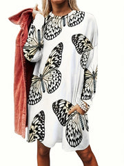 Butterfly Print Long Sleeve Sleep Dress With Pockets