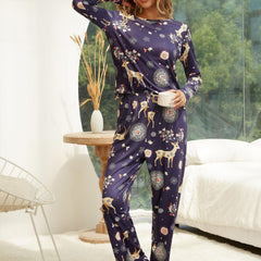 Cartoon Deer Print Pajama Set Long Sleeve Top & Pants Women's Sleepwear
