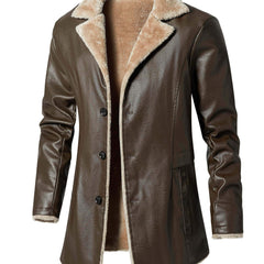 Men's Warm Fleece PU Jacket Button Up Lapel Faux Leather Overcoat