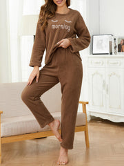 Letter Print Pajama Set Long Sleeve Crew Neck Top & Elastic Waistband Pants