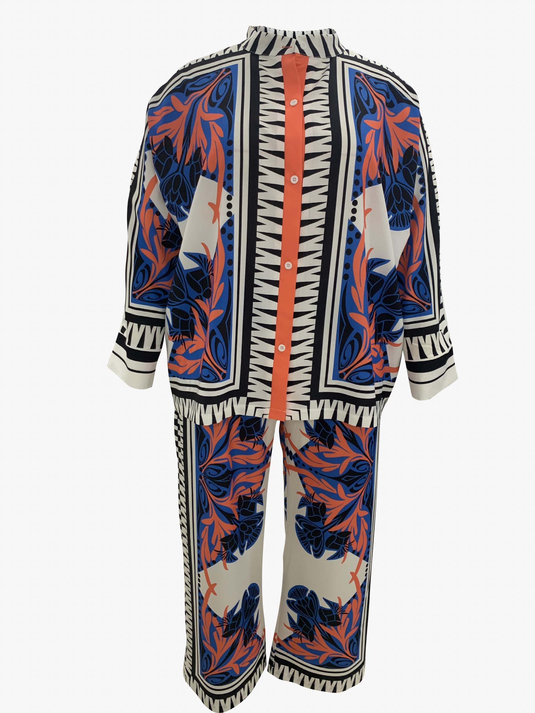 Women's Plus Leaf & Scarf Print Shirt & Pants Outfit Set