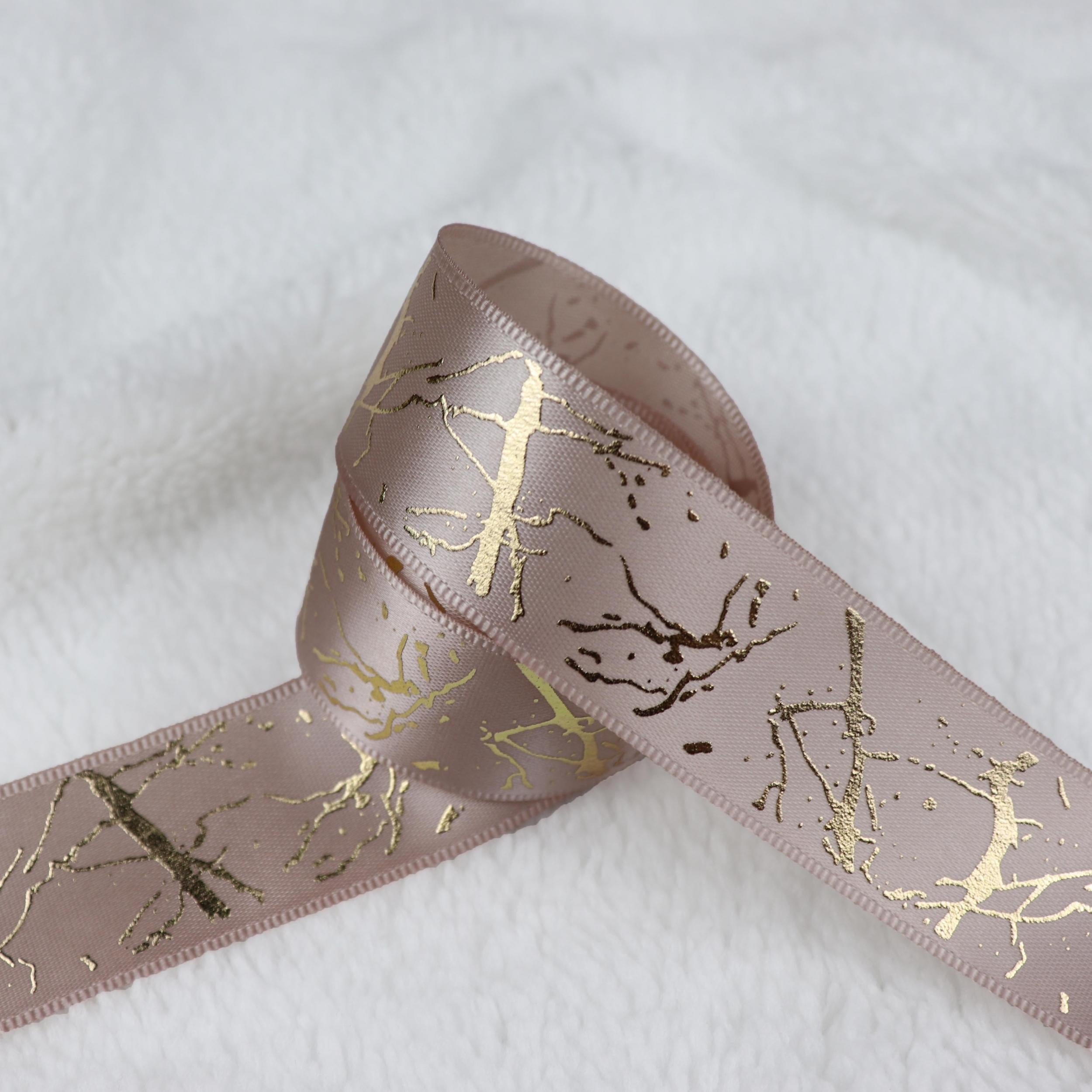 5 Yards 25mm Satin Marble Crack Pattern Golden Foil Printed Ribbon
