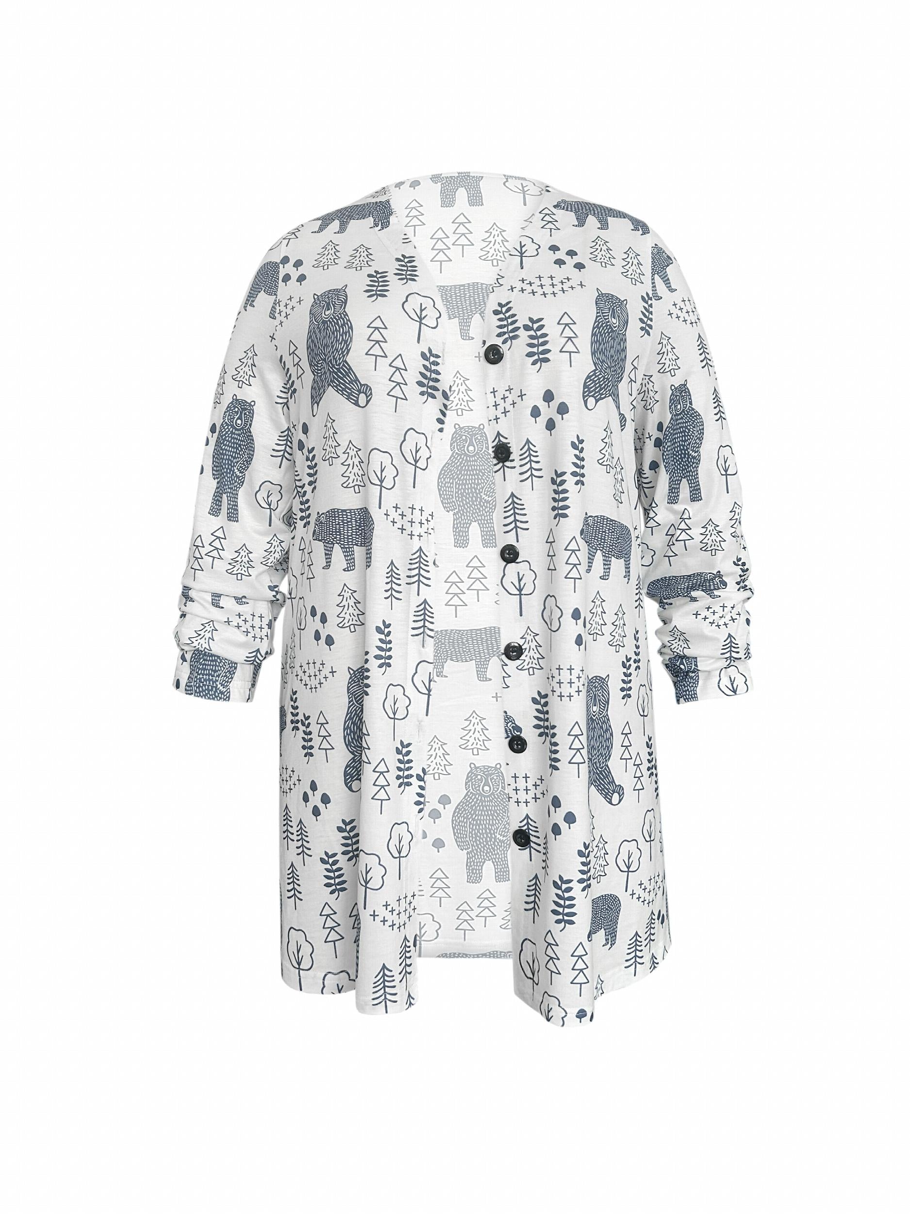 Tree & Bear Print Long Cardigan