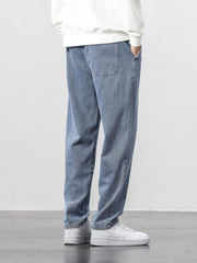 Men's Denim Cropped Pants Elastic Waist Straight Leg Harem